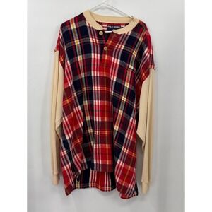 Polo Sport Ralph Lauren Plaid Henley Shirt Mens XL Beige Thermal Sleeve Rugby‎